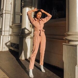 CHOOSY Pink Puff Sleeve Belted Jumpsuit Utility Collared Zipper Front Women